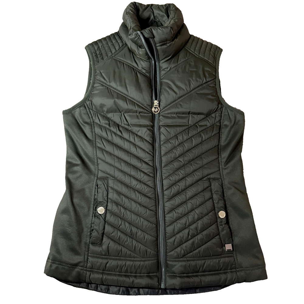Michael Kors Puffer Down Vest Women Small S Full Zip MK Logo Olive Green Quilted
